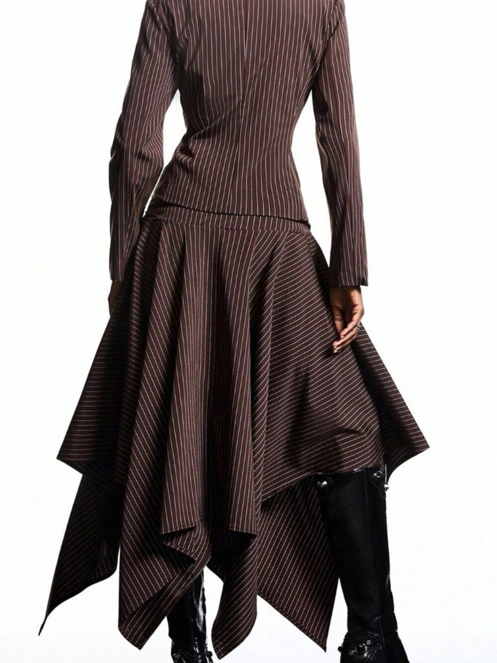 Rust Brown Elegant Women's Stripe Waist-Cinched Blazer Skirt Suit Set - Picture 2 of 7